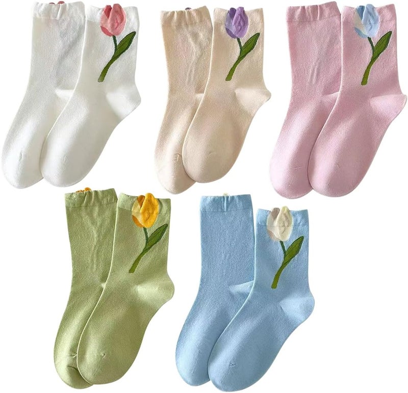 MarJunSep Cute Floral Crew Socks for Women Teen Girls Flower Cottagecore Frilly Vintage Fancy Cotton Socks - Image 1